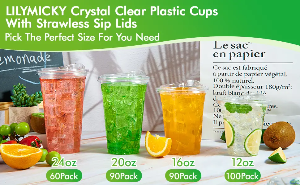 Lilymicky 60 PACK 24 oz Clear Plastic Cups With Strawless Sip Lids Disposable Plastic Cups With Sip Through Lids for Ice Coffee Smoothie Slurpee or Any Cold Drinks 24 oz-60pack - 584891