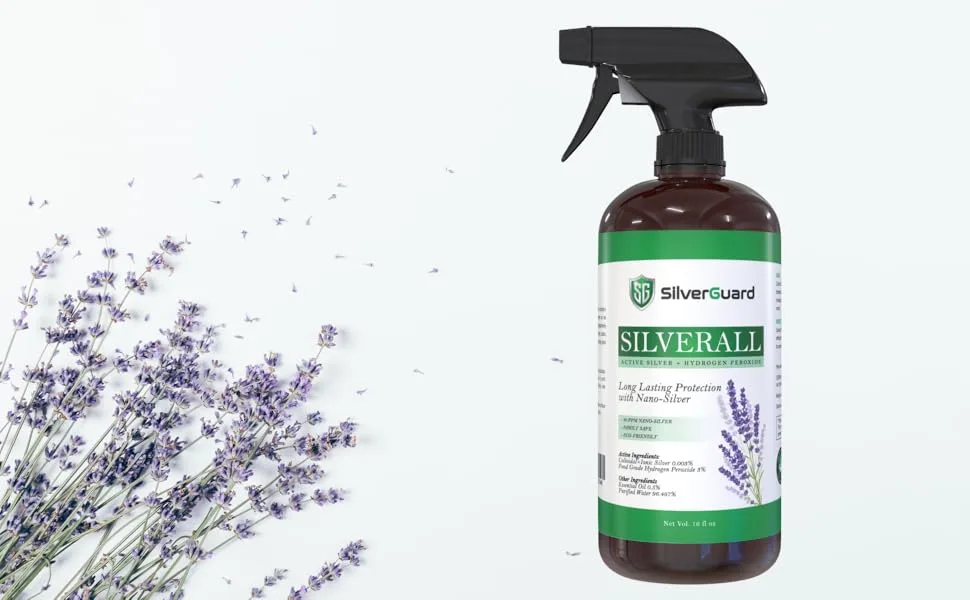 SilverGuard SilverAll Enhanced Hydrogen Peroxide Cleaner + Active Silver | All Purpose Cleaner with Long-Lasting Protective Silver Shield | Food Grade Hydrogen Peroxide 3 Percent | Lavender 1 Pack Lavender 16 Fl Oz (Pack of 1) - SilverAll Lavender hydrogen peroxide spray