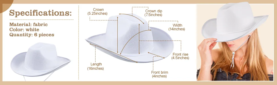 Janmercy 6 Pack Bulk Cowboy Hats Western Cowboy Hat Plain Cowboy Hat with Adjustable Drawstring for Wedding Stage Performance Simple White - product information 2