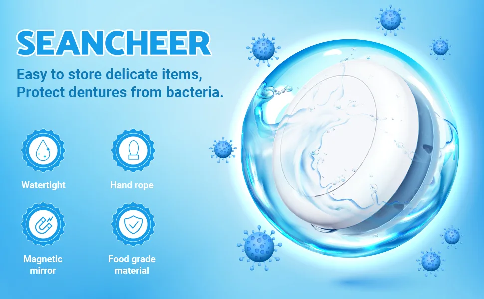 Denture Bath Case Denture Cup Leak Proof Portable Retainer Case Denture Cleaning Kit with Cleaner Brush Carabiner Denture Box with Strainer & Mirror Denture Case for Aligner Retainer Mouth Guard Blue - case
