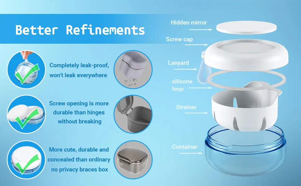 Denture Bath Case Denture Cup Leak Proof Portable Retainer Case Denture Cleaning Kit with Cleaner Brush Carabiner Denture Box with Strainer & Mirror Denture Case for Aligner Retainer Mouth Guard Blue - case