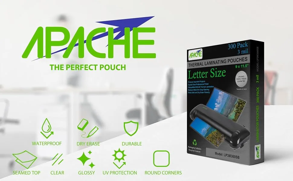 Apache Laminating Pouches 3 mil for 8.5 x 11 inch Letter Size Paper 9 x 11.5 inch Sheets 300 Pack 3mil Letter 300 Pack - apache laminating pouch letter size best quality 3mil thickness