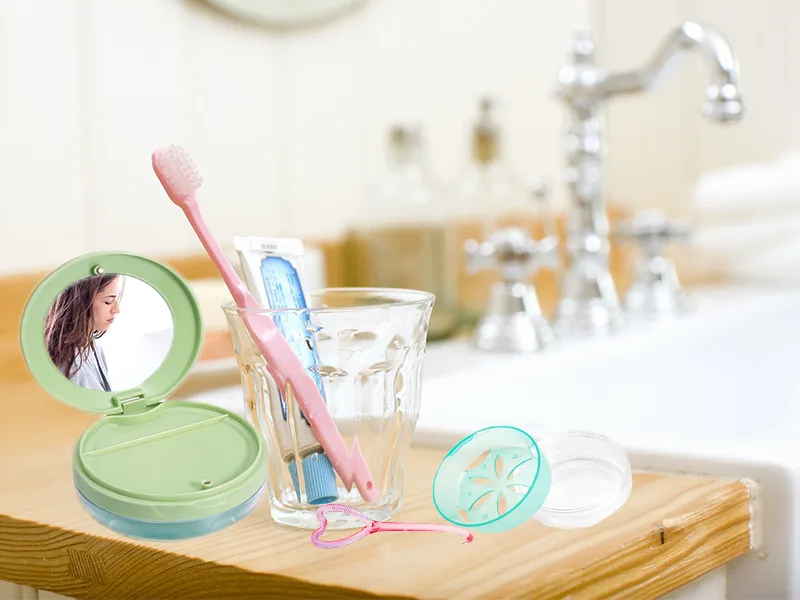 Alliph Traveling Retainer Case Leak Proof Denture Bath Case with Basket Cute Retainer Clean Case Retainer Holder with Mirror and 1 Removal Tool (Green Blue) Bluegreen - retainer case