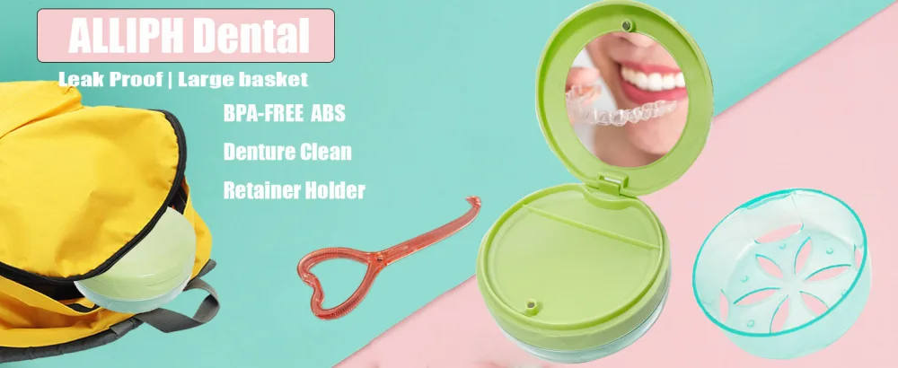 Alliph Traveling Retainer Case Leak Proof Denture Bath Case with Basket Cute Retainer Clean Case Retainer Holder with Mirror and 1 Removal Tool (Green Blue) Bluegreen - retainer case