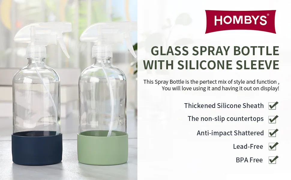 HOMBYS Empty Clear Glass Spray Bottles with Silicone Sleeve Protection - Refillable 16 oz Containers - 2 Pack Green Blue 2PCS - product information 10