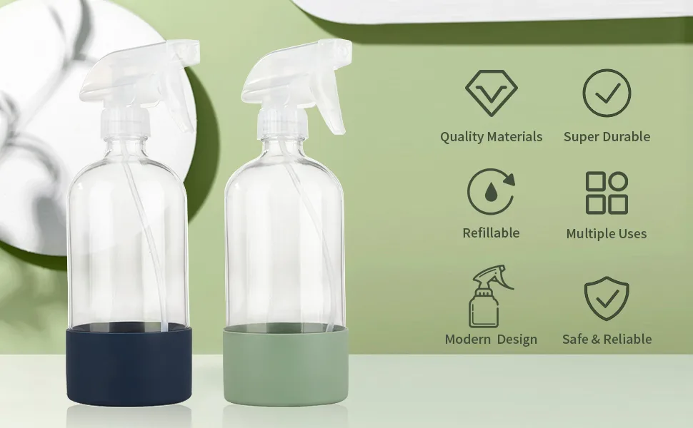 HOMBYS Empty Clear Glass Spray Bottles with Silicone Sleeve Protection - Refillable 16 oz Containers - 2 Pack Green Blue 2PCS - product information 11