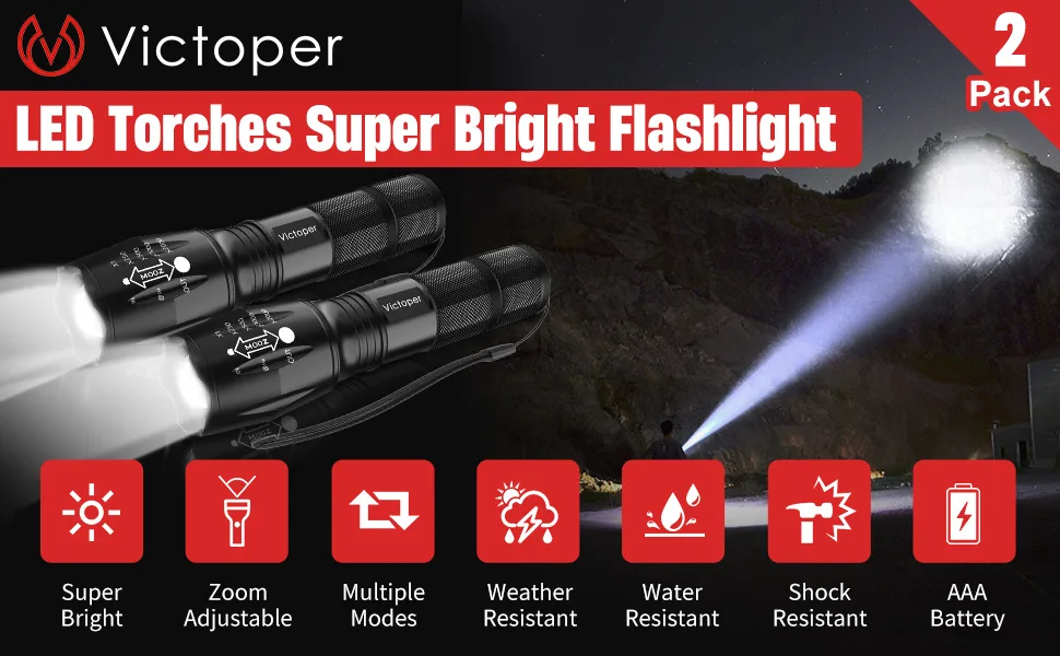 Victoper LED Flashlight 2 Pack Bright 2000 Lumens Tactical Flashlights High Lumens with 5 Modes Waterproof Focus Zoomable Flash Light Portable Flashlight for Camping Hiking Outdoor Home Emergency - product information 1