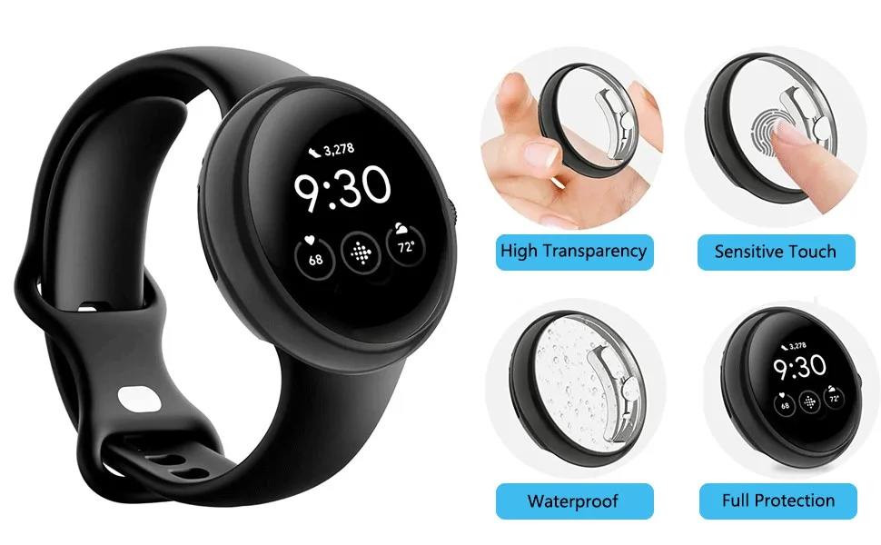 YOYOKIT 2 Pack Screen Protector Compatible with Google Pixel Watch Hard PC Case with Tempered Glass Screen Protector Full Coverage Cover Bumper Accessories for Pixel Smartwatch 2022 Black/Clear - google pixel watch case
