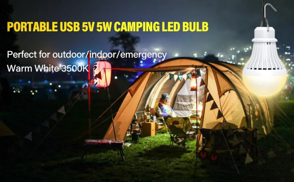 Anmcha USB Bulb Camping Light Lantern 8ft Extra Length Cord Tent Light WarmWhite Outdoor Emergency Light 2 Pack - 5W USB Light Bulb