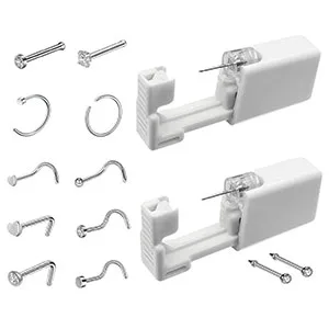 2 Pack Nose Piercing Tool Disposable Safety Portable Nose Piercing Tools Self Nose Piercing Kit with 10 Pcs Free Nose Rings Piercing Jewelry (Silver) - 2 Pack Nose Piercing Tool