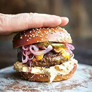 Hellmann's Real Mayonnaise Stick Packets Easy Open Made with 100% Cage Free Eggs Gluten Free 0.38 oz Pack of 210 - Close up of a burger