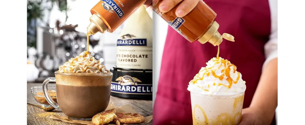 Ghirardelli Caramel Sauce 16 Ounce Squeeze Bottle (Pack of 2) with Ghirardelli Stamped Barista Spoon - Ghirardelli