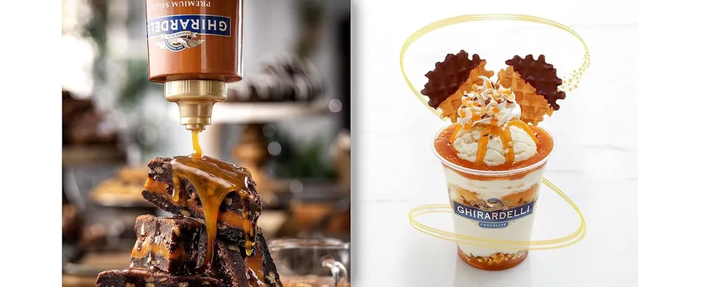 Ghirardelli Caramel Sauce 16 Ounce Squeeze Bottle (Pack of 2) with Ghirardelli Stamped Barista Spoon - Ghirardelli