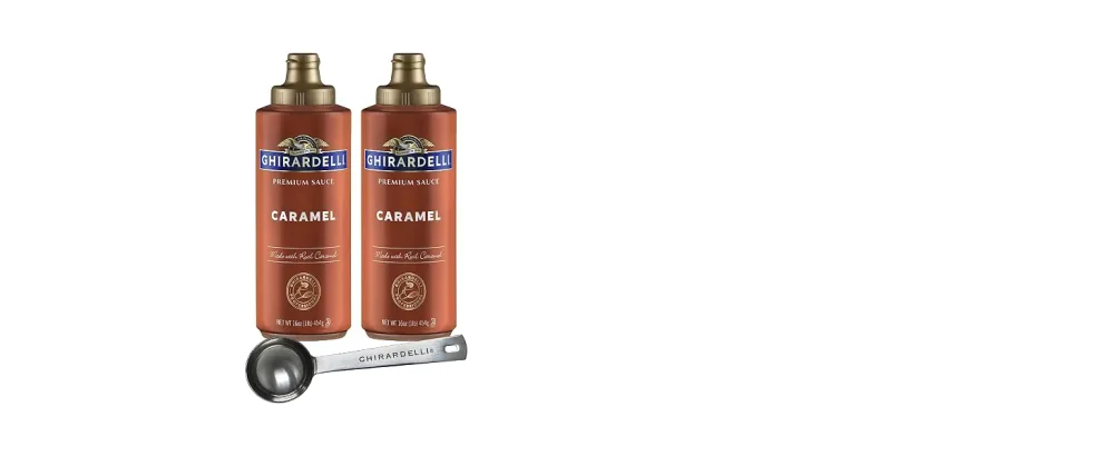 Ghirardelli Caramel Sauce 16 Ounce Squeeze Bottle (Pack of 2) with Ghirardelli Stamped Barista Spoon - Ghirardelli