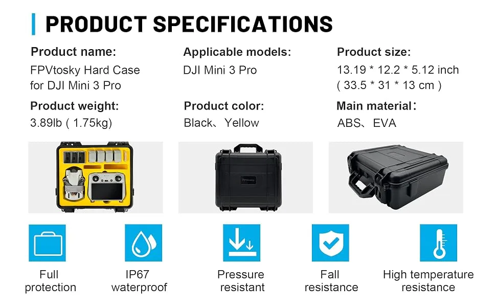 FPVtosky Hard Case for DJI Mini 3 Pro Waterproof DJI Mini 3 Pro Case Fits DJI RC & RC-N1 Free Props Strap and MicroSD Card Case Included Case Only Medium - Dji Mini 3 Pro Case, Product Specifications