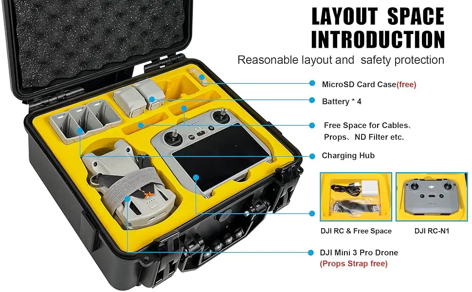 FPVtosky Hard Case for DJI Mini 3 Pro Waterproof DJI Mini 3 Pro Case Fits DJI RC & RC-N1 Free Props Strap and MicroSD Card Case Included Case Only Medium - DJI Mini 3 Pro Case ,Reasonable Layout and Safety Protection