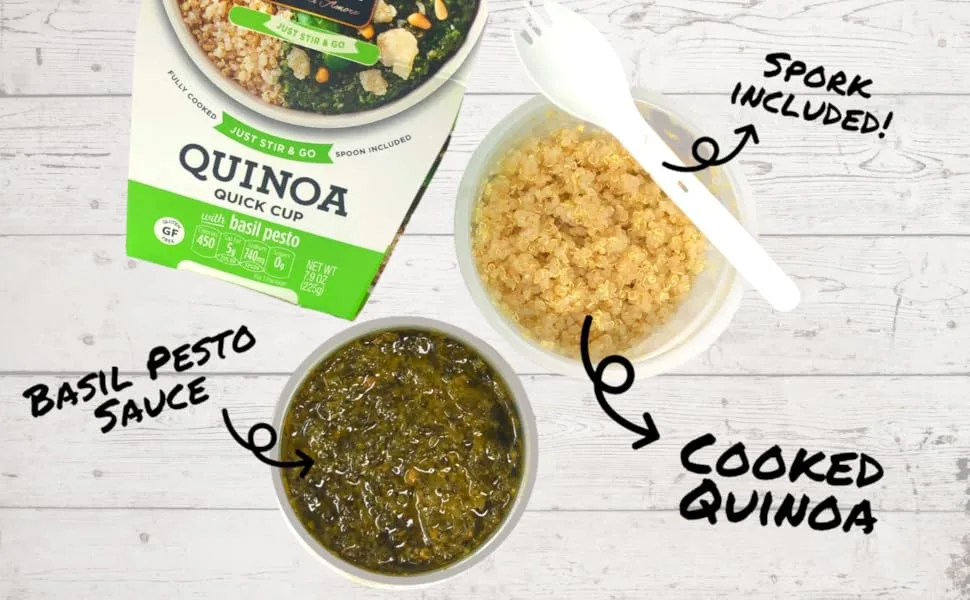 Kitchen & Love Basil Pesto Quinoa Quick Meal 6-Pack | Gluten-Free Ready-to-Eat No Refrigeration Required - quinoa quick meal quinoa basil pesto spork spoon included spicy