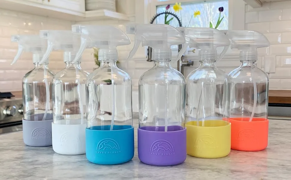 SAVVY PLANET Empty Clear Glass Spray Bottles with Silicone Sleeve Protection - Refillable 16 oz Containers for Cleaning Solutions Essential Oils Misting Plants - Quality Sprayer - 2 Pack Red & Yellow - 6 Spray Bottles