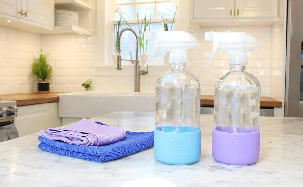 SAVVY PLANET Empty Clear Glass Spray Bottles with Silicone Sleeve Protection - Refillable 16 oz Containers for Cleaning Solutions Essential Oils Misting Plants - Quality Sprayer - 2 Pack Red & Yellow - Kitchen