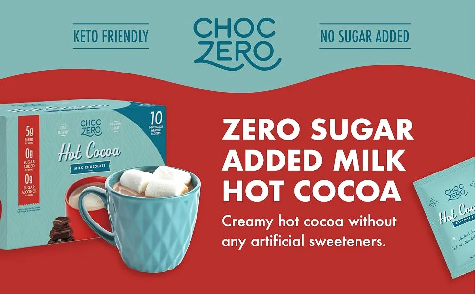 ChocZero Keto Hot Cocoa Instant Mix - Sugar Free Milk Chocolate Drink - Keto Friendly Low Carb (10 packets 7.5 oz) - Zero Sugar Added Milk Hot Cocoa