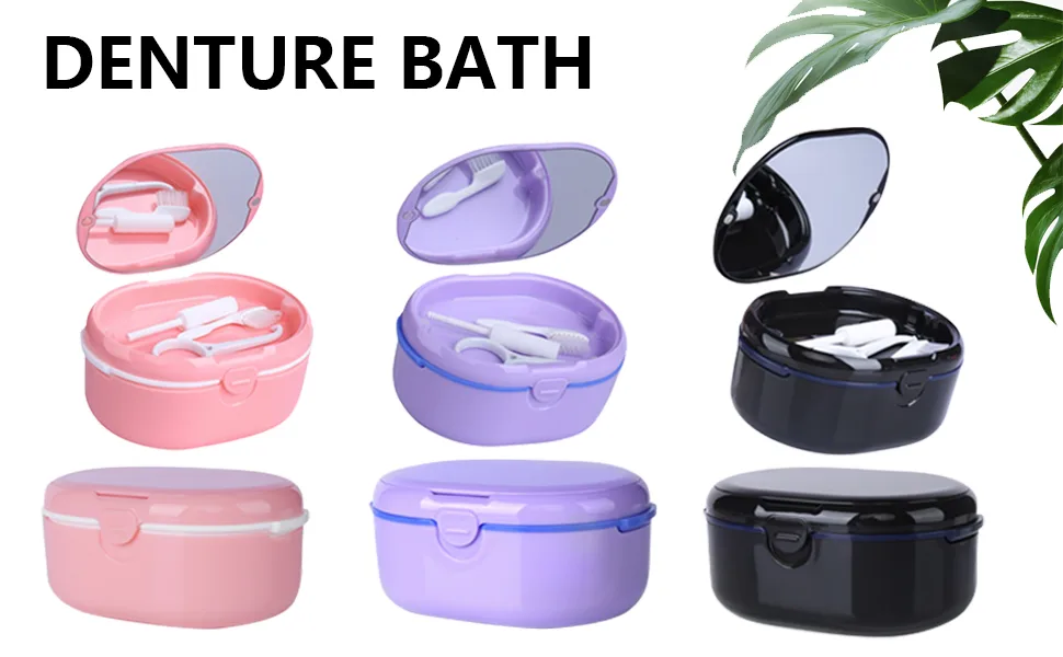 Large Denture Bath Case Cup Box Holder Storage Soak Container Retainer Case Mirror Orthodontics Mouth Guard Case Suitable for Dentures Partial Dentures Chews and Removal Tool with Braces(Purple)  - product information 1