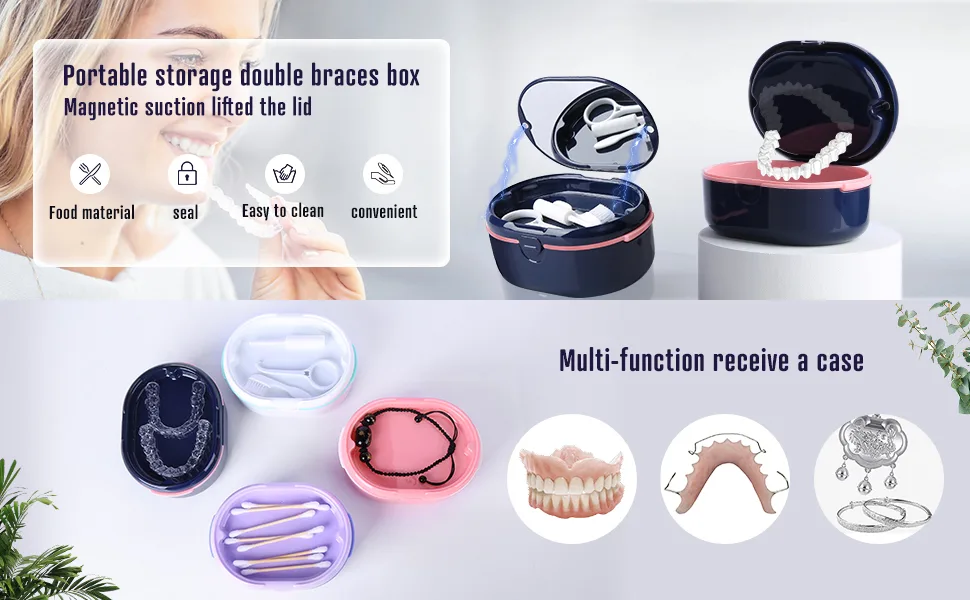 Large Denture Bath Case Cup Box Holder Storage Soak Container Retainer Case Mirror Orthodontics Mouth Guard Case Suitable for Dentures Partial Dentures Chews and Removal Tool with Braces(Purple)  - product information 2