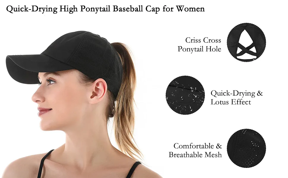 New Upgraded Womens Criss Cross Hat Ponytail Baseball Cap Adjustable High Messy Bun Ponycap Quick Drying Mesh Hats 1 Pack Black - product information 2