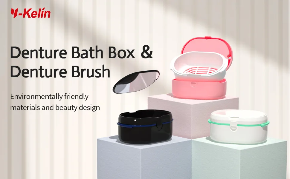 Denture Bath Box And Denture Brush Denture&Retainer Set Denture Case with Mirror (Black) - denture cup