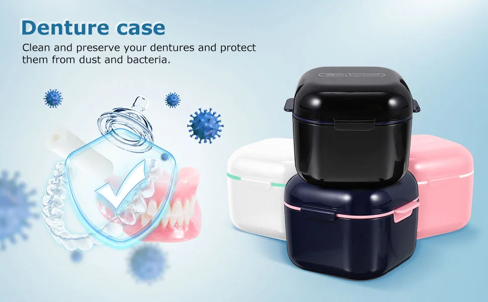 Tofficu Denture Bath Case Cup Box Portable False Teeth Holder Storage Soak Container Orthodontic Retainer Case with Strainer Basket for Travel Cleaning(Blue) - product information 1