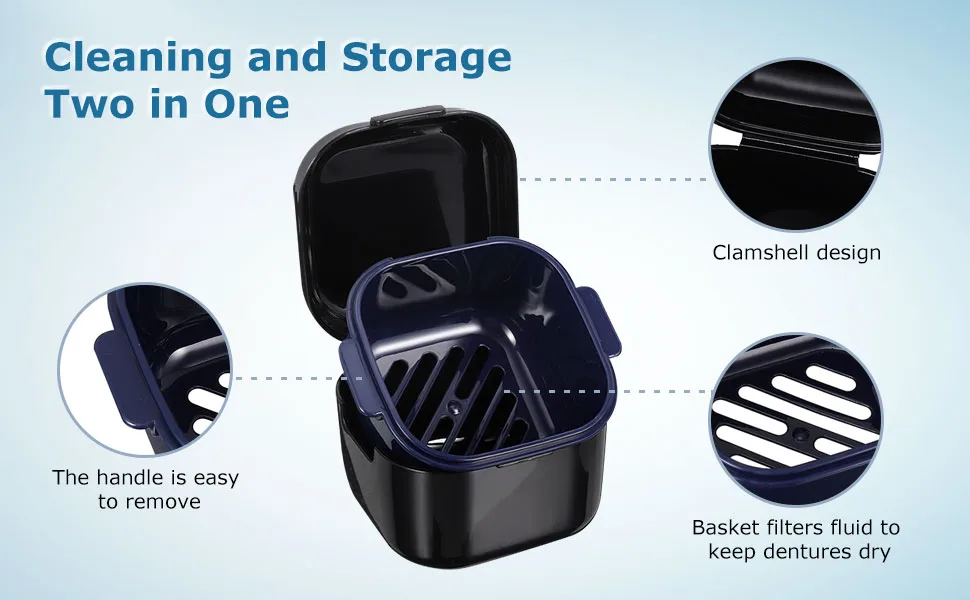 Tofficu Denture Bath Case Cup Box Portable False Teeth Holder Storage Soak Container Orthodontic Retainer Case with Strainer Basket for Travel Cleaning(Blue) - product information 2