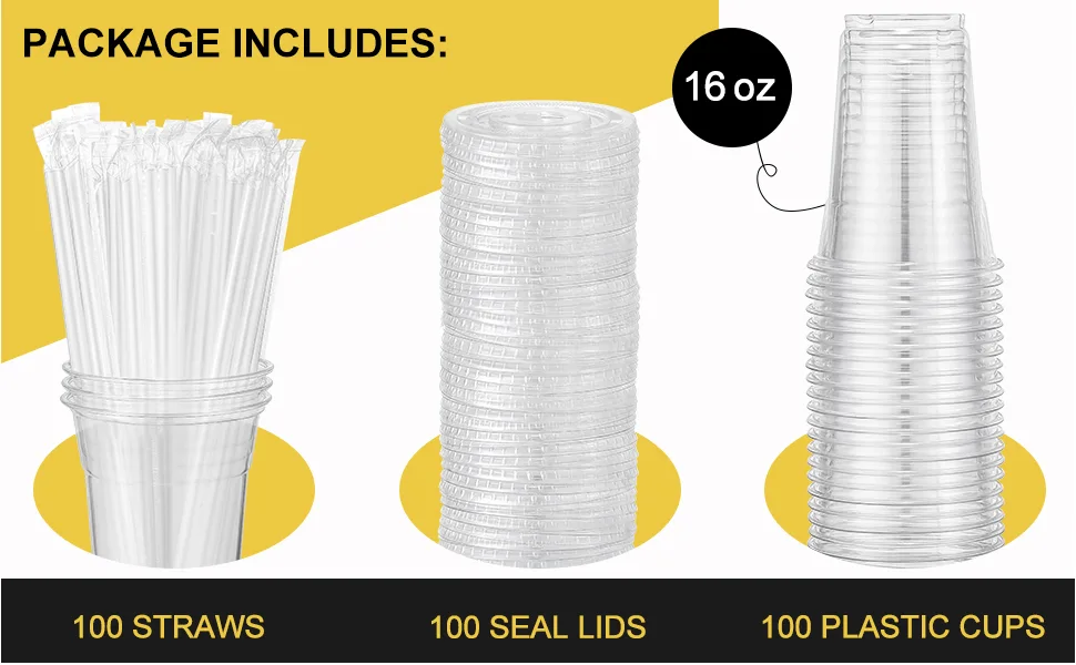 VITEVER 100 Sets - 16oz Plastic Cups with Lids and Straws Disposable Cups for Iced Coffee Smoothie Milkshake Cold Drinks - Clear 16 OZ - product information 1