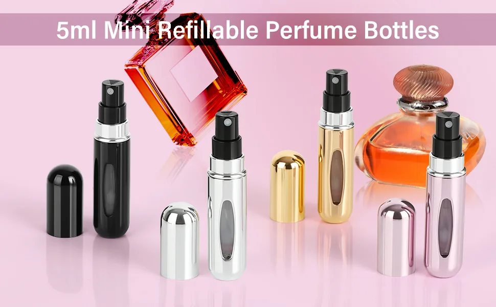 Saiveina Portable 5ml Mini Perfume Atomizer Bottles Refillable Perfume Spray Bottle Scent Pump Case Empty Perfume Bottles for Travel and Outgoing(4 Pack) Pink+Silver+Gold+Black - refillable perfume bottles
