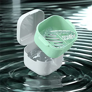 Denture Bath Box Cup Portable Denture Case with Strainer Basket False Teeth Storage Box Holder Retainer case Cleaning Soak Cup With braces chewable tablets and Extractor toothbrus(black) Black bath cup - product information 2