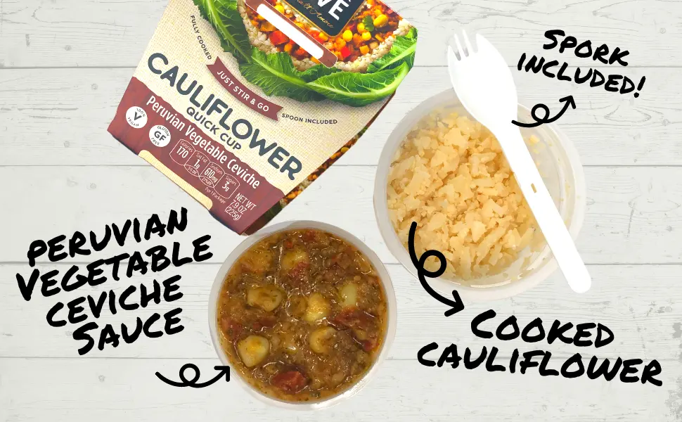 Kitchen & Love Cauliflower Peruvian Vegetable Ceviche Ready to Eat Shelf Stable Non Gmo Gluten & Dairy Free Vegan Vegetarian 7.9 Oz 6 Pack - peruvian vegetable ceviche cauliflower quick meal spork spoon included vegan gluten free keto