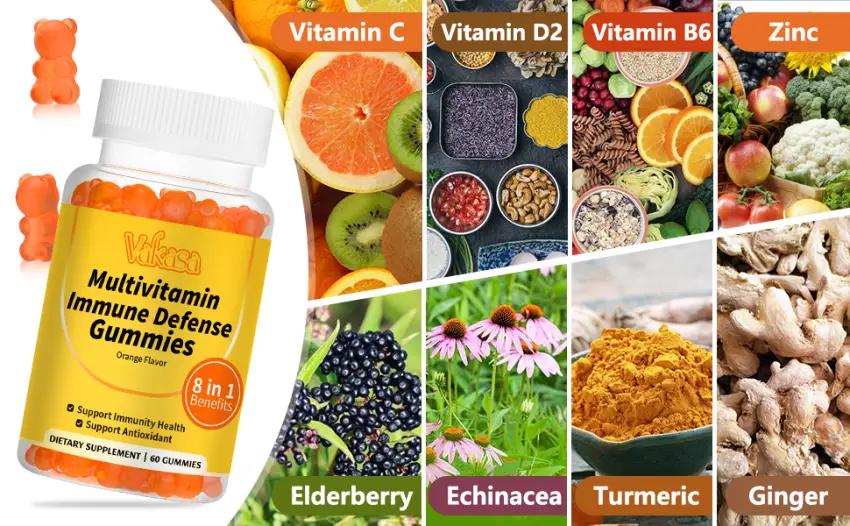 Vakasa Turmeric Gummies with Ginger Vitamin C D2 B6 Zinc Echinacea Elderberry Immune Defense Support Antioxidant Vegan 60 Gummies - immune defense gummies
