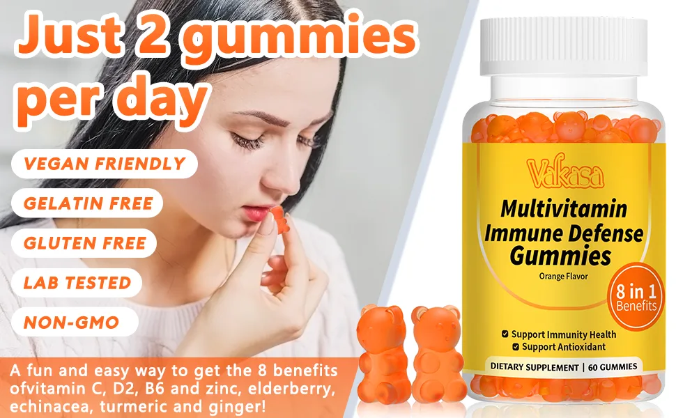 Vakasa Turmeric Gummies with Ginger Vitamin C D2 B6 Zinc Echinacea Elderberry Immune Defense Support Antioxidant Vegan 60 Gummies - immune defense gummies