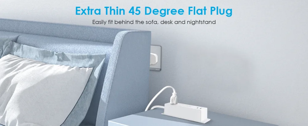 JUNNUJ Thin Flat Plug Power Strip Screw Mount Ultra Plug Thin Surge Protector 3 Outlets Desk Mount Outlet with 2 USB Ports Low Profile Socket with 10ft 45 Degrees Flat Plug Cord - white flat plug power strip