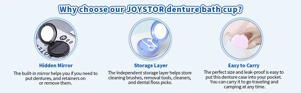 JOYSTOR Denture Cup Retainer Case, Leak-proof Denture Case Bath Soaking Container, Retainer Aligner Mouth Guard Night Guard Cleaner Case with Strainer Basket for Traveling - Pink - denture bath box denture cup