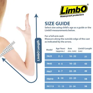 LimbO Waterproof Protectors Cast and Dressing Cover - Child Full Arm 4 to 5 Yrs (FA45: 16-22 cm Upper Arm Circ.) FA45: 4-5 Yrs - CHILD FULL ARM MEASURING GUIDE
