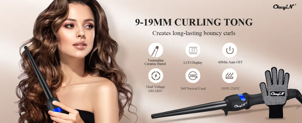 CkeyiN Curling Wands 9-19mm Curling Irons for Long&Short Hair with Glove 110 210 Adjustable Automatic Shut-Down LCD Screen - Curling tong
