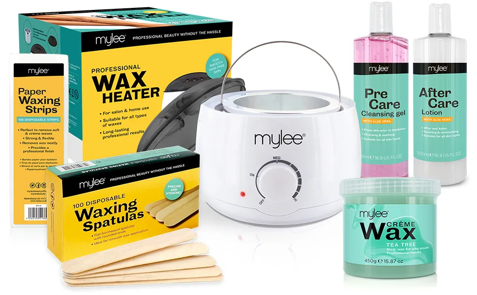 Mylee Complete Waxing Kit Includes Salon Quality Wax Heater Soft Cream Wax Waxing Strips Spatulas and Mylee Pre & After Care Lotion (Tea Tree) - waxing kit