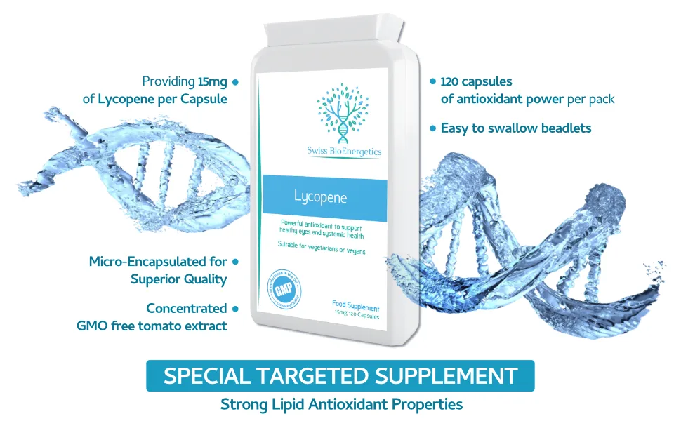 Lycopene 15mg 120 Capsules Special Targeted Release Antioxidant Supplement Support for Healthy Eye Function Cardiovascular and Prostate Health - Swiss BioEnergetics Lycopene UK B
