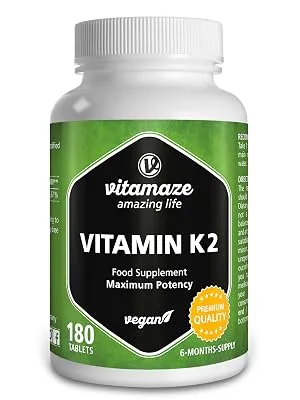 Vitamin K2 MK-7 200 mcg Vegan & High Strength Menaquinone 180 Tablets for 6 Months German Quality Natural & Organic Supplement Without Additives - Vitamin K2