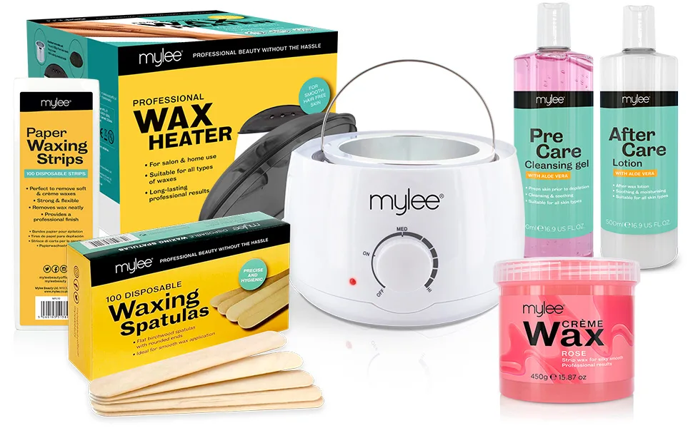 Mylee Complete Waxing Kit Includes Salon Quality Wax Heater Soft Cream Strips Spatulas and Pre & After Care Lotion (Rose) - waxing kit