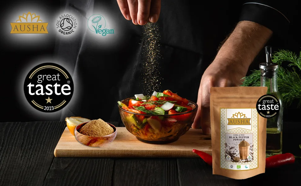 Ausha Organic Ground Black Pepper 200g - Coarse | Winner Great Taste Award 2023 200 g (Pack of 1) - black pepper