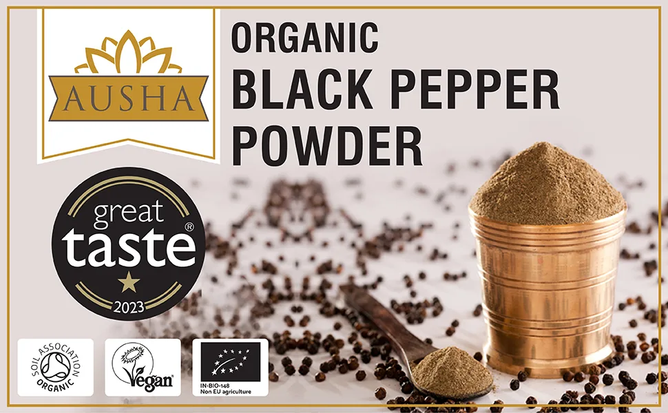 Ausha Organic Ground Black Pepper 200g - Coarse | Winner Great Taste Award 2023 200 g (Pack of 1) - ground pepper powder