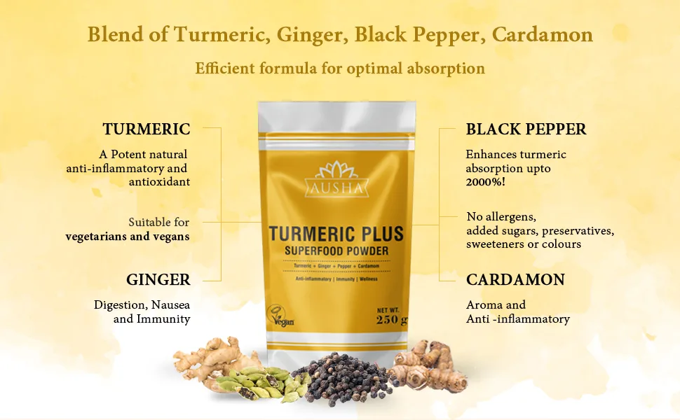 Ausha Organic Turmeric Powder 200g | 5-6% Curcumin - Double Strength | Winner Great Taste Award 2023 200 g (Pack of 1) - turmeric with Black Pepper