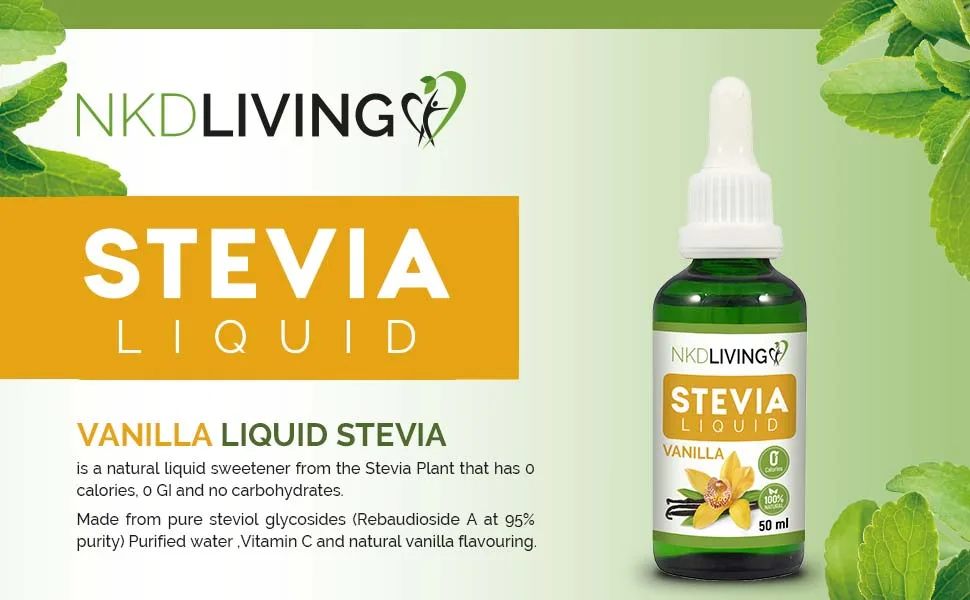NKD Living Stevia Liquid Drops 50ml (New Label Design) - Vanilla Flavoured - with Glass Dropper - vanilla stevia liquid