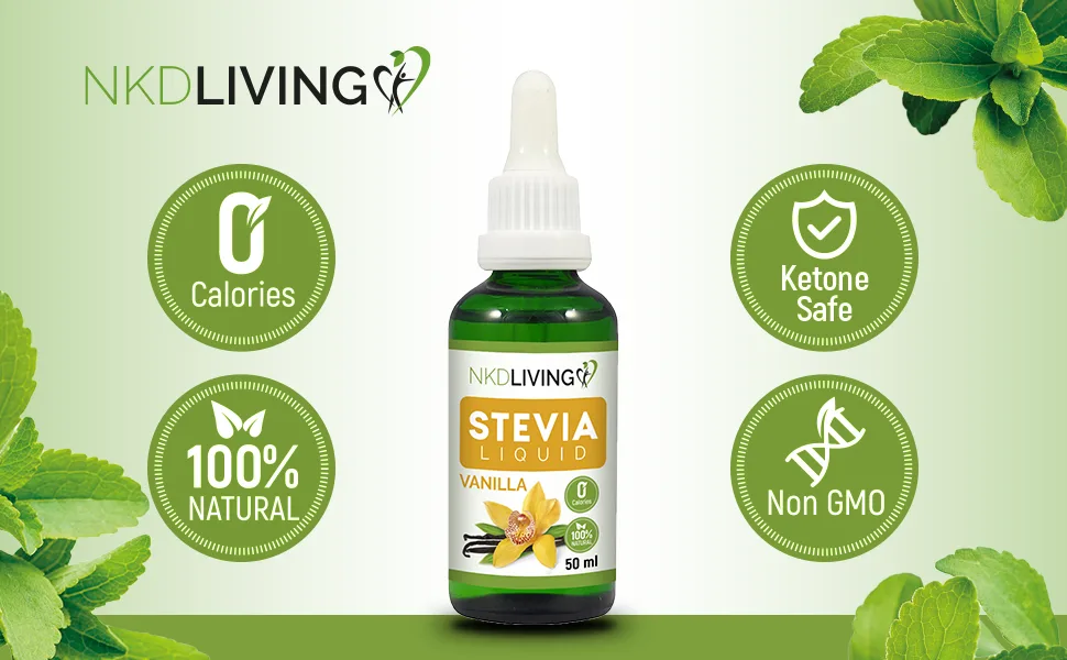 NKD Living Stevia Liquid Drops 50ml (New Label Design) - Vanilla Flavoured - with Glass Dropper - vanilla stevia liquid
