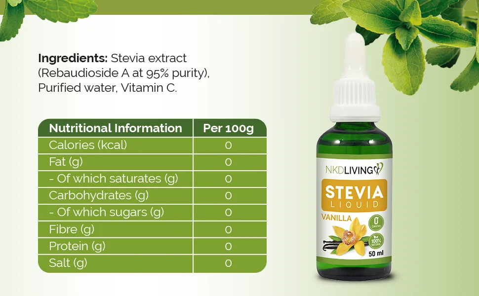 NKD Living Stevia Liquid Drops 50ml (New Label Design) - Vanilla Flavoured - with Glass Dropper - vanilla stevia liquid